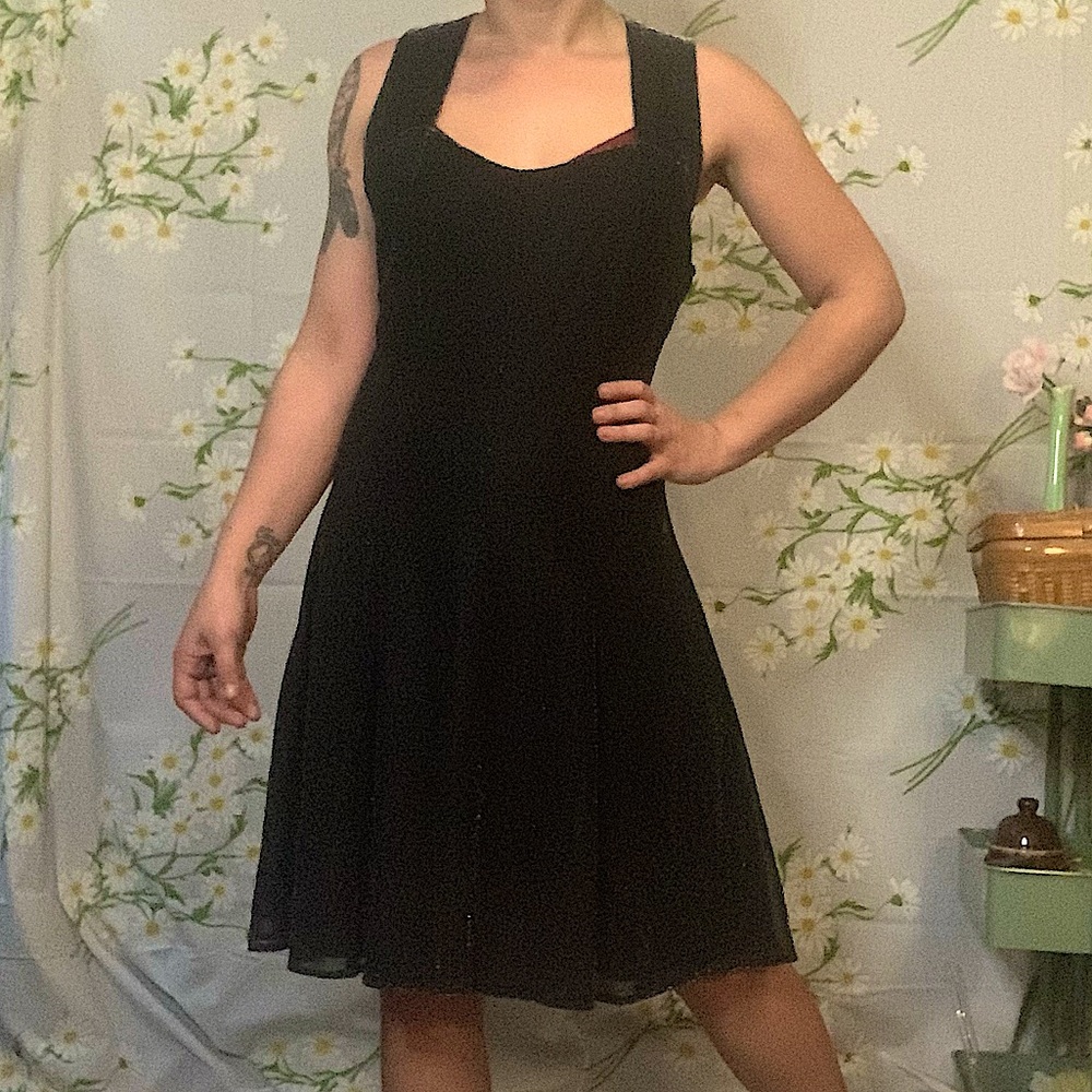 Vintage 90s little silver black cocktail crisscross back flare knee length dress - Picture 2 of 7